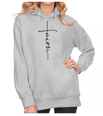 Faith Printed Hoodie with front pocket and drawstring hood, white, yellow, red, grey