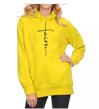Faith Printed Hoodie with front pocket and drawstring hood, white, yellow, red, grey