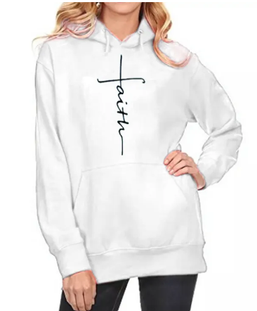 Faith Printed Hoodie with front pocket and drawstring hood, white, yellow, red, grey